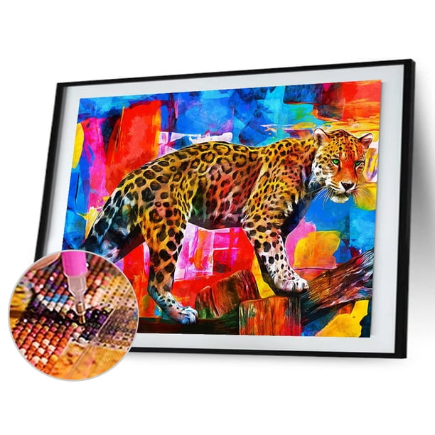 Cuadros Decorativos Taladro redondo completo de diamantes de imitación con pintura de diamante 5D de leopardo de neón para decoración de habitaciones Tmvgtek embutido en tela