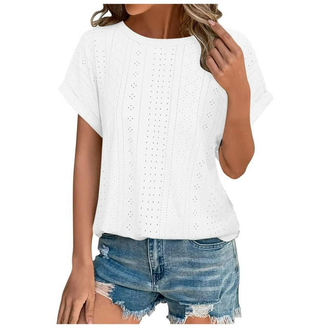 WEIYLL T-Shirt Décontracté pour Femme à Col Rond, Couleur Unie, T-Shirts d'Été à Manches Courtes, Coupe Ample, Haut Blanc