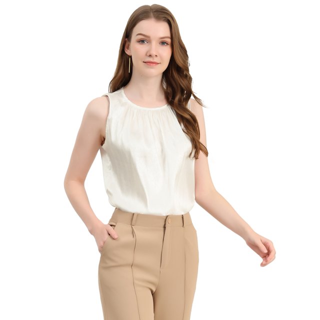 INSPIRE CHIC Blusa Sin Mangas Plisada De Oficina De Trabajo Sin Mangas De Satén Para Mujer Blanco S