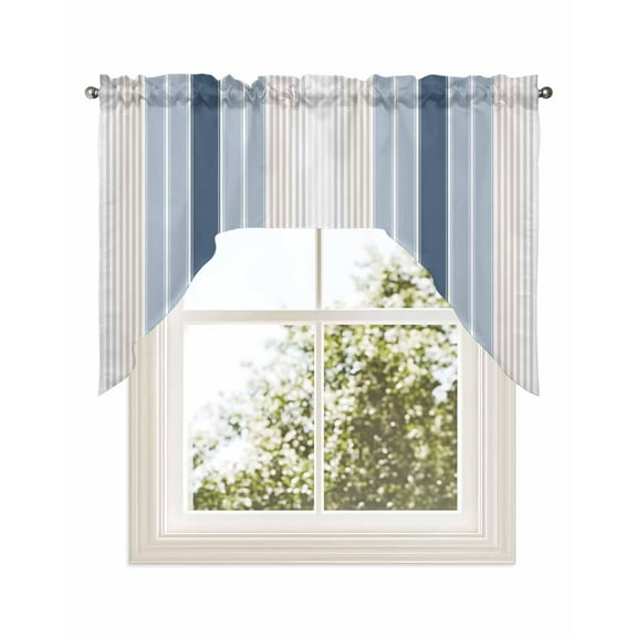 Grey Blue Vertical Stripes Kitchen Curtains Swag Valance for Windows/Bathroom/Cafe, Modern Minimalist Abstract Rod Pocket Drape Panel Swag Curtains Valance for Bedroom/Living Room 56"x36"