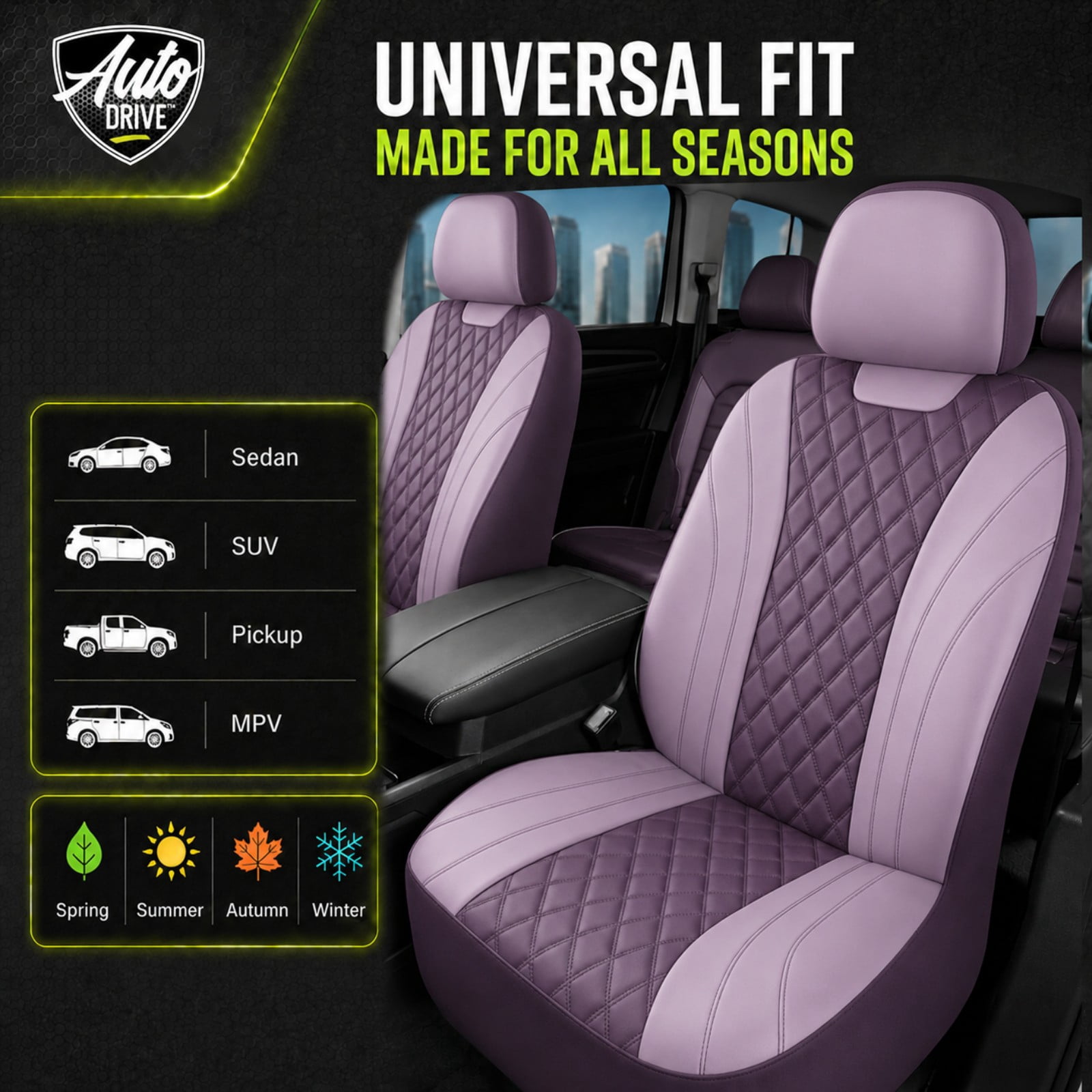 Auto Drive Car Seat Covers, Diamond Quilted Two-Tone Car Seat Covers Set, Universal Fit for Two Front Seats, Airbag Compatible for Cars, SUVs and Trucks Purple Front Seat