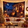thumbnail image 3 of Black Cat on Cottage Porch with Pumpkins and Crescent Moon, Cozy Gothic for Cat Lovers, Halloween Porch Decor, Halloween Gift, Tapestry Wall Hanging for Bedroom and Dorm, 3 of 6