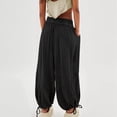 thumbnail image 4 of Womens Casual Loose Fit Wide Leg Cotton Pants Drawstring Stitching Baggy Pants Trousers with Pockets, 4 of 5