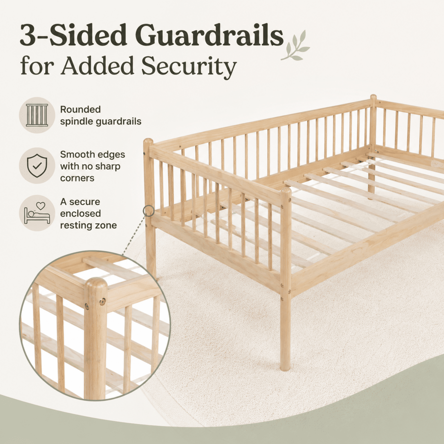 Miniyam Twin Wooden Daybed with Spindle Guardrails, Solid Pine Wood Bed Frame, Natural