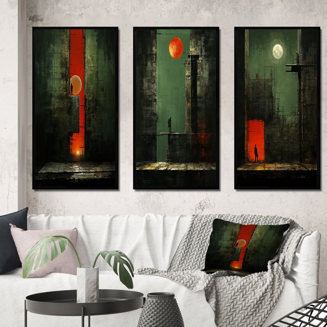 Designart "Urban Solitude under the Full Moon III" Modern Geometric Framed Wall Art Set Of 3 - Green Abstract Geometric Frame Canvas Set For Living Room Decor