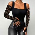 thumbnail image 2 of Lace Patchwork Long Sleeve for Women Cold Shoulder V Neck Slim Fit Tunic Shirts Pullover T-Shirt Trendy Blouses Black2,S, 2 of 5