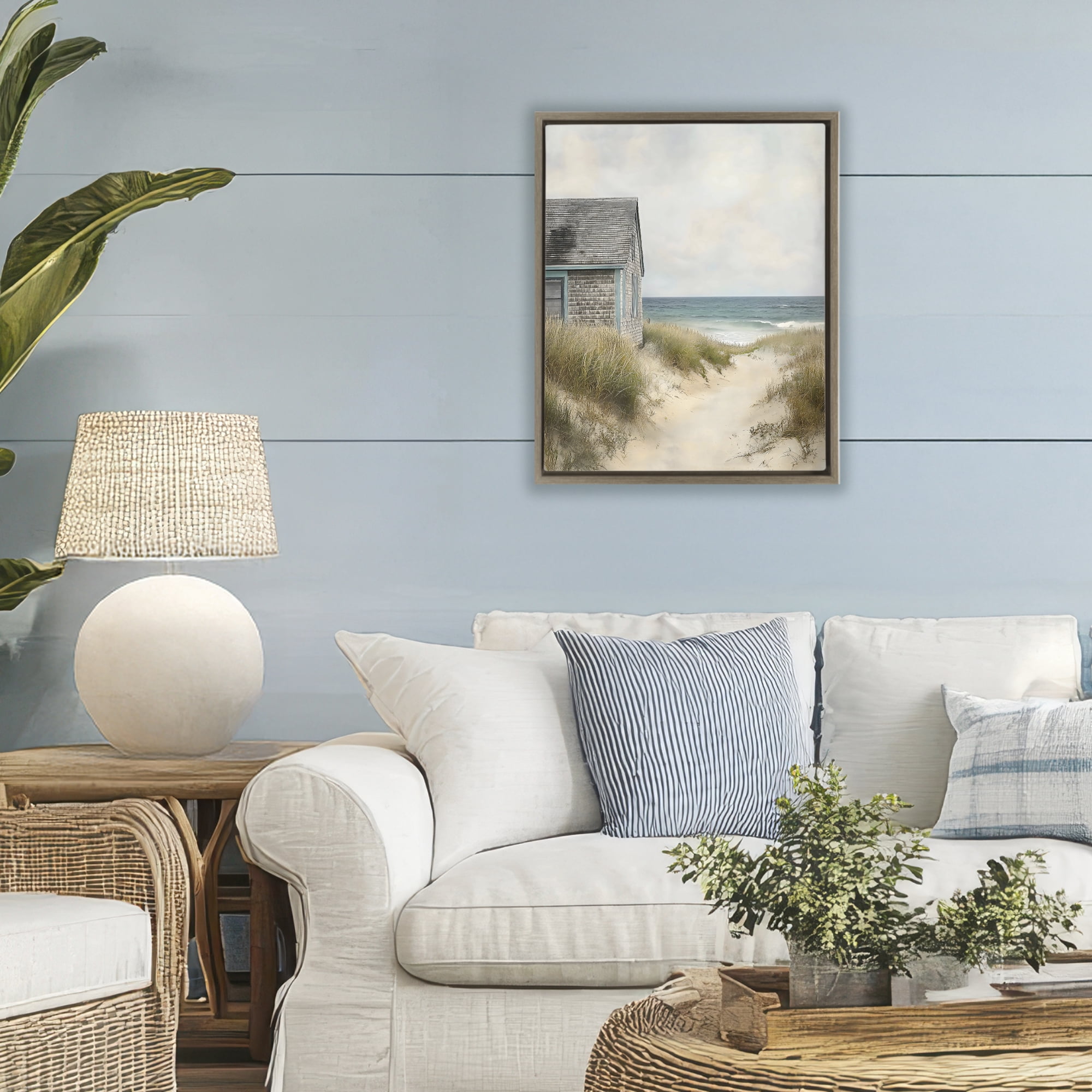 Stupell Industries Oceanfront Cottage on Dune Path Brown Framed Floater Canvas Wall Art, design by Creative Studio