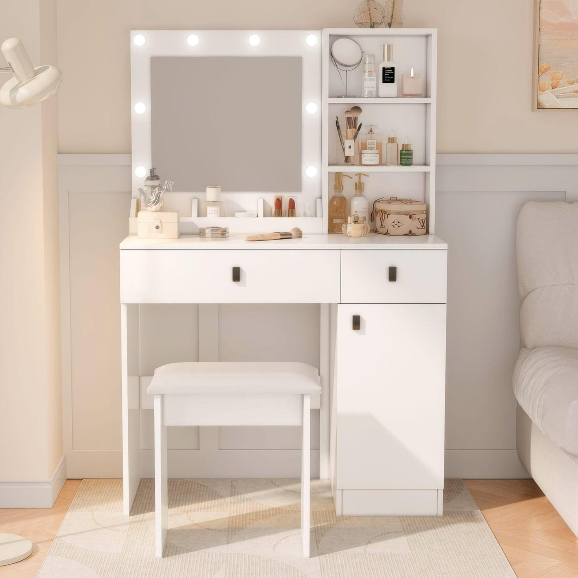 Jopath Makeup Vanity Set with Mirror & Lights,Makeup Vanity Desk with Large Drawers & 3 Storage Dreeser for Bedroom,White
