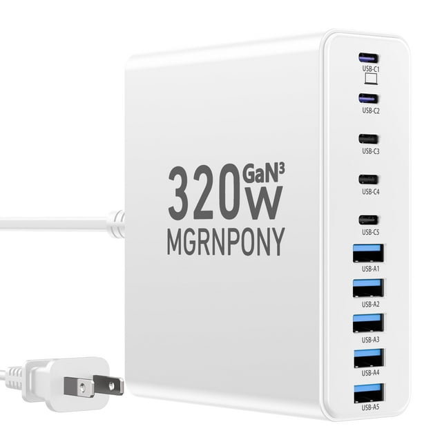 Estación de carga MGRNPONY USB C de 10 puertos, 320 W, GaN III PD, 65 W