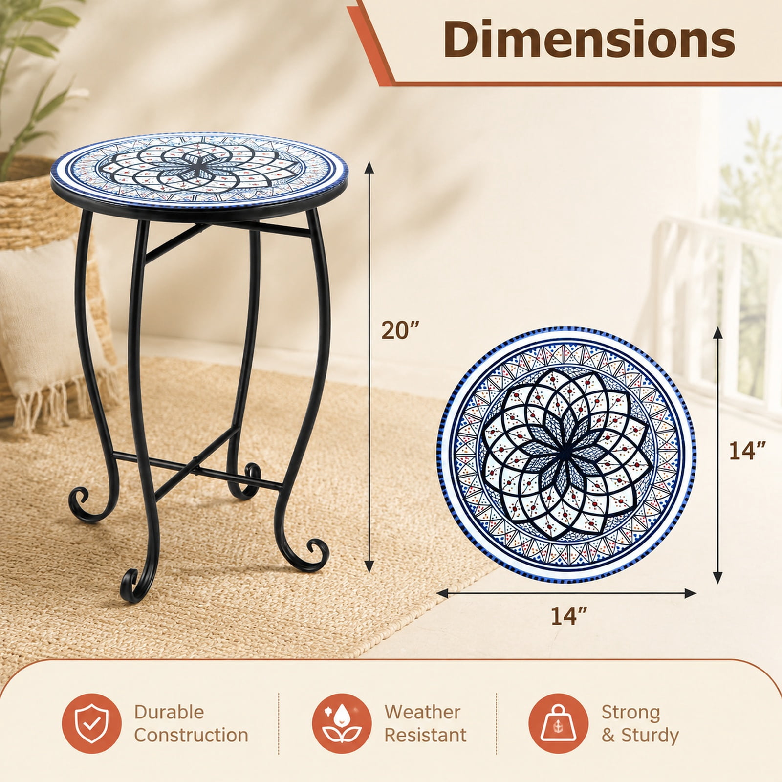Biotree 14 Inch Mosaic Outdoor Side Table, Metal Patio Accent Plant Stand with Floral Lotus Top and Stable X-Base for Garden Porch Indoors, White