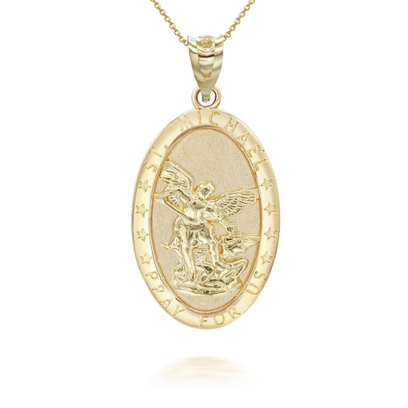 10k Yellow Gold Oval Saint Michael Pendant / Necklace (16 Inches)