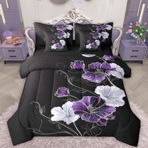 Manfei Retro Flower 7-Piece Bedding Comforter Set,Modern Aesthetic Art King Bedding Sets,Purple White Black Bed Sheets For Men Women,Luxury Bedroom Decor Reversible