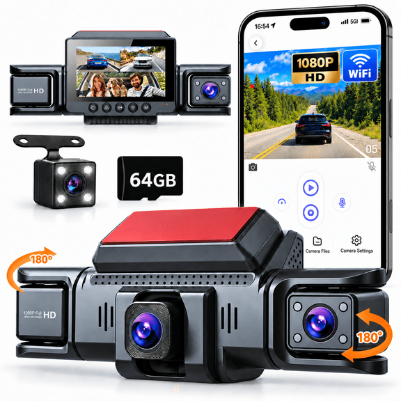 4 Channel Dash Cam 360° View, Front Rear Inside Left Right Car Dash Camera, 1080P FHD Multi-Camera Dash Cam with WiFi App Control, G-Sensor, Loop Recording