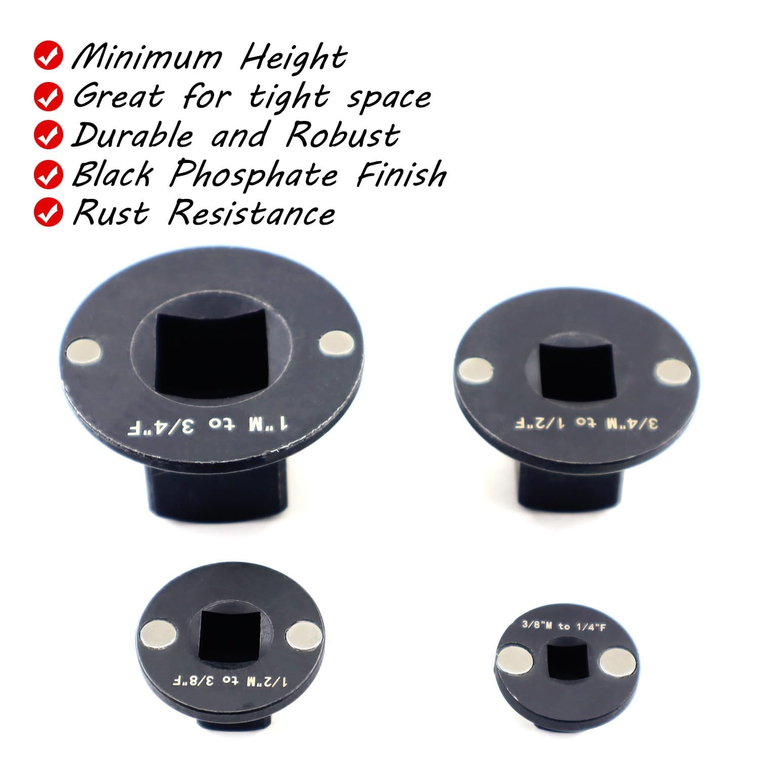 Low Profile Impact Socket Adapter Set, 4-Piece Drive Ratchet Adapter Kit for Tight Spaces, Includes 1/4", 3/8", 1/2", 3/4" to 1" Conversions, Ideal for Mechanics & DIY Use