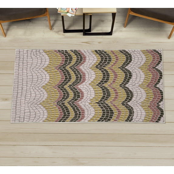Tiles Decorative Rug, Gradient Colored Mosaic Waves Setting Antique Roman Royal Dated Retro Patterns, Quality Carpet for Bedroom Dorm and Living Room, 6 Sizes, Pale Coffee, by Ambesonne