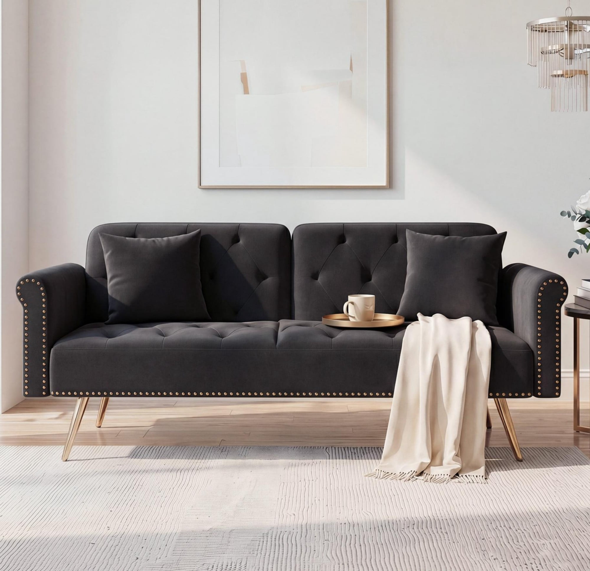 Leumius 70" Loveseat Sofa,Convertible Futon Sofa Bed Velvet Sleeper Sofa Bed with Throw Pillow & Gold Metal Legs,2-Seat Loveseat for Living Room,Bedroom,Office,Black