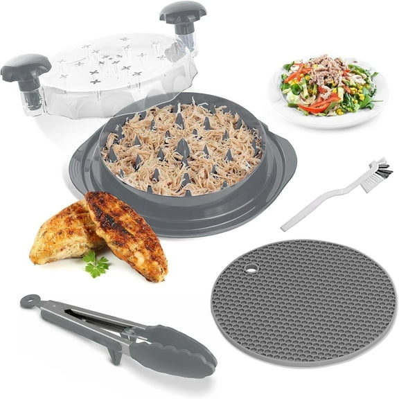 PrimeEase Living Twist-Action Meat Shredder Set,  XL Capacity for Chicken, Pork, Beef & Veggies, includes Tongs, Non-Slip Mat & Cleaning Brush