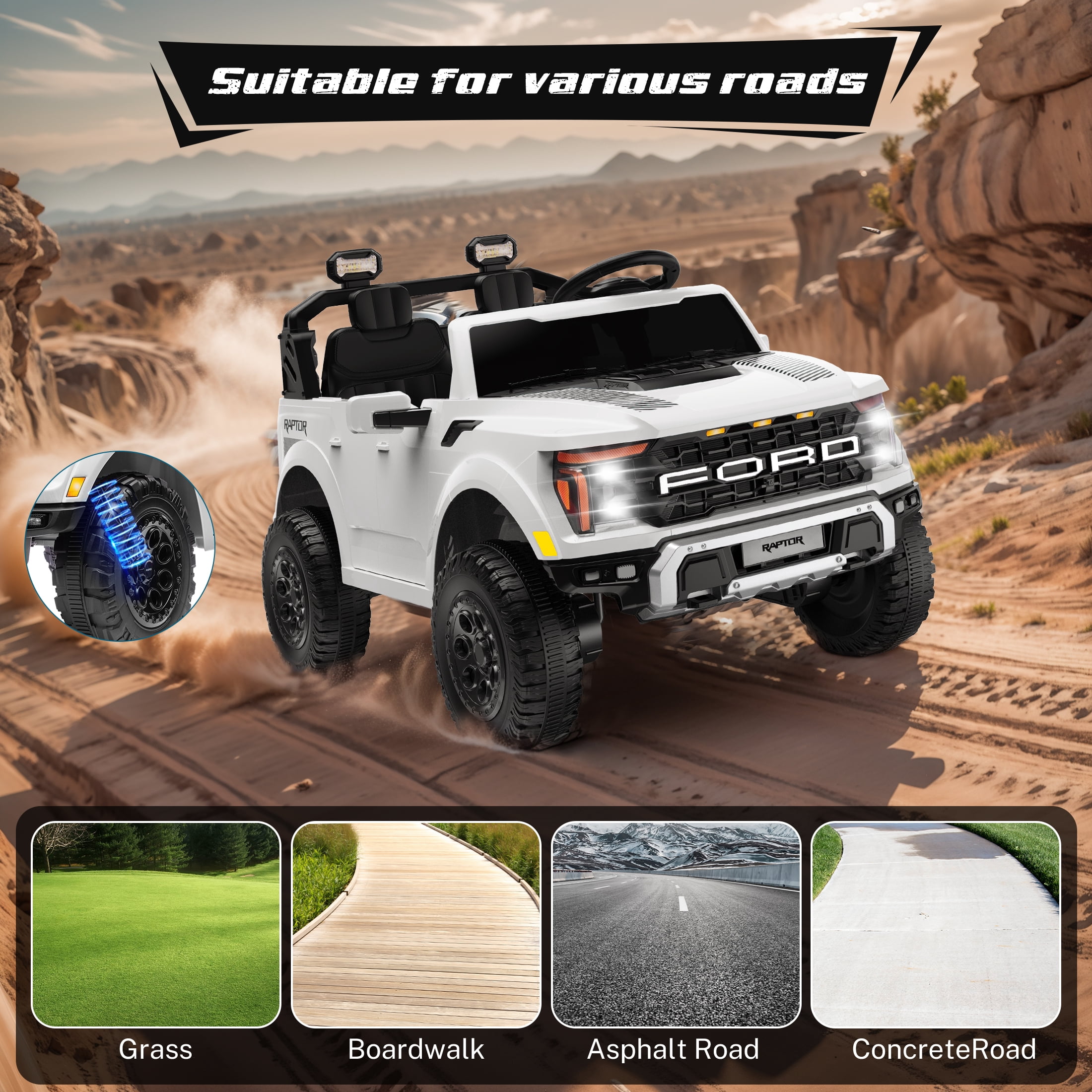 Ford F150 Raptor 2 Seater Ride on Toy Trucks for Kids, 24V Powered 2 Seat Ride on Cars with Remote Control/4 Wheelers/LED/Bluetooth/ Truck Bed Storage/Soft Start, Kids Electric Cars for Boys Girls