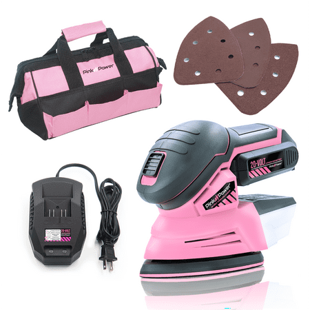 

Pink Power Sander Tool - Detail Sander - Hand Sanders for Wood - 20V Palm Sander Cordless for Woodworking with Sandpaper Li-Ion Battery & Charger
