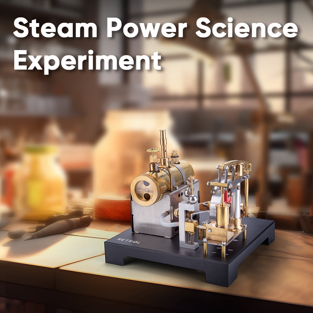 RETROL SE-01 Full Metal Stationary Beam Steam Engine Model & Horizontal Boiler Kit – 85PCS, Educational Steam-Powered Mechanical Kit, Ideal for Hobbyists, Collectors & Home Decor