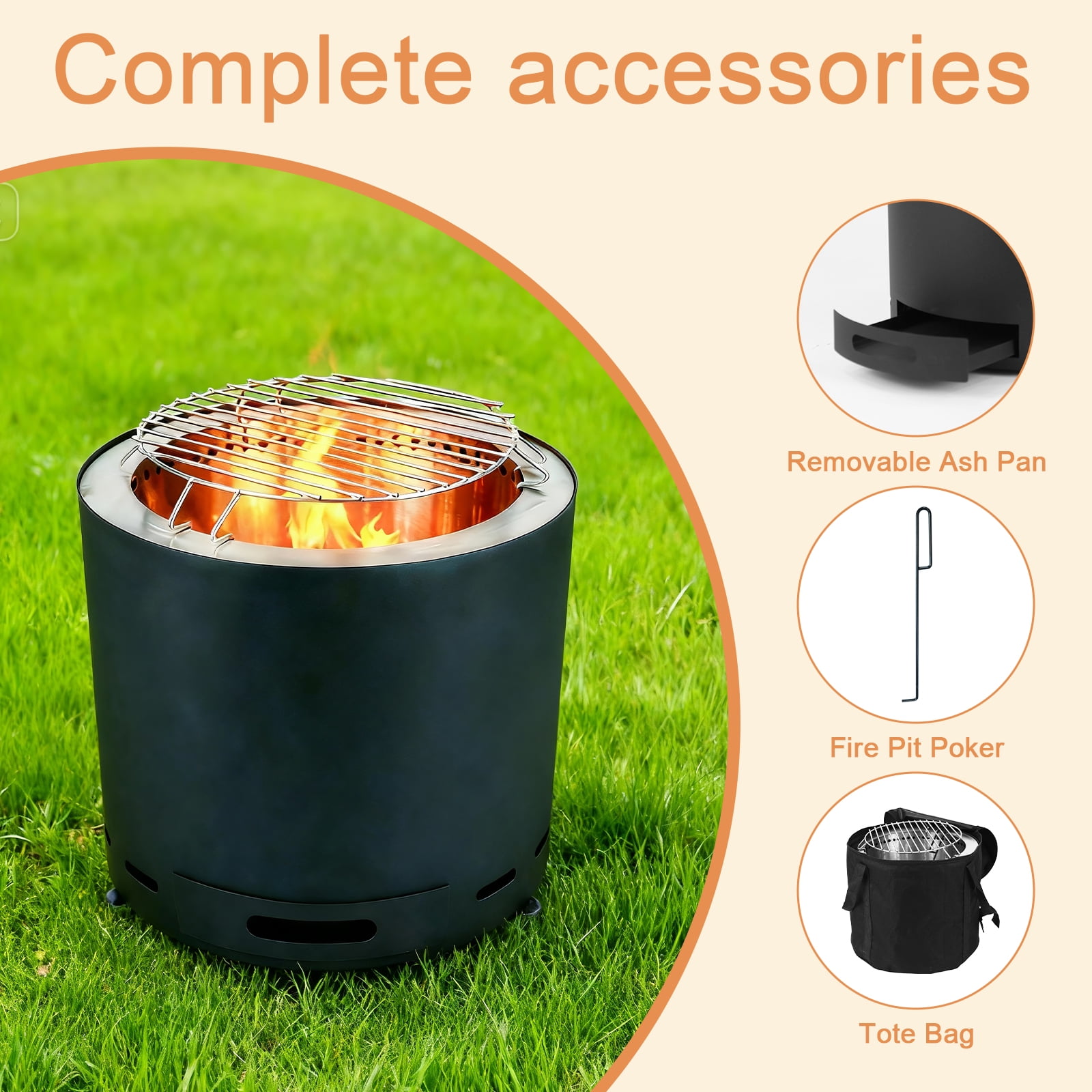 PATIO-IN 15 Inch Smokeless Fire Pit, Black Smokeless Firepit Outdoor with Carry Bag, Portable Outdoor Camping Fire Bowl for Patio Backyard Garden