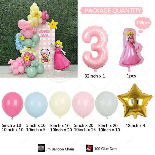 Juego de 138 cadenas de globos con temática de princesa Peach de Super Mario, fondo para fiesta de cumpleaños y baby shower, decoración de arco