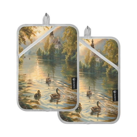 

Oven Mitts 2 Pcs Pot Holders Sets Heat Resistant Hot Pads for Kitchen Cooking Baking 7 x9.8 Ducks Swimming in Lake at Sunrise