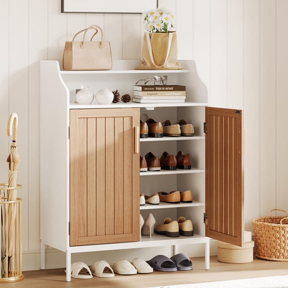 Shoe Storage Cabinet for Entryway, 5-Tier White Shoes Cabinet w/Doors and 3 Adjustable Shelves, 41" Tall Wood Shoe Rack for Closet, Modern Shoes Organizer for Entryway, Hallway, Living Room, White an