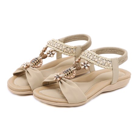 

Cathalem Summer Women Casual Open Toe Flat Rhinestone Flowers Comfortable Soft Bottom Breathable Elastic Raffia Sandals Women Beige 7.5