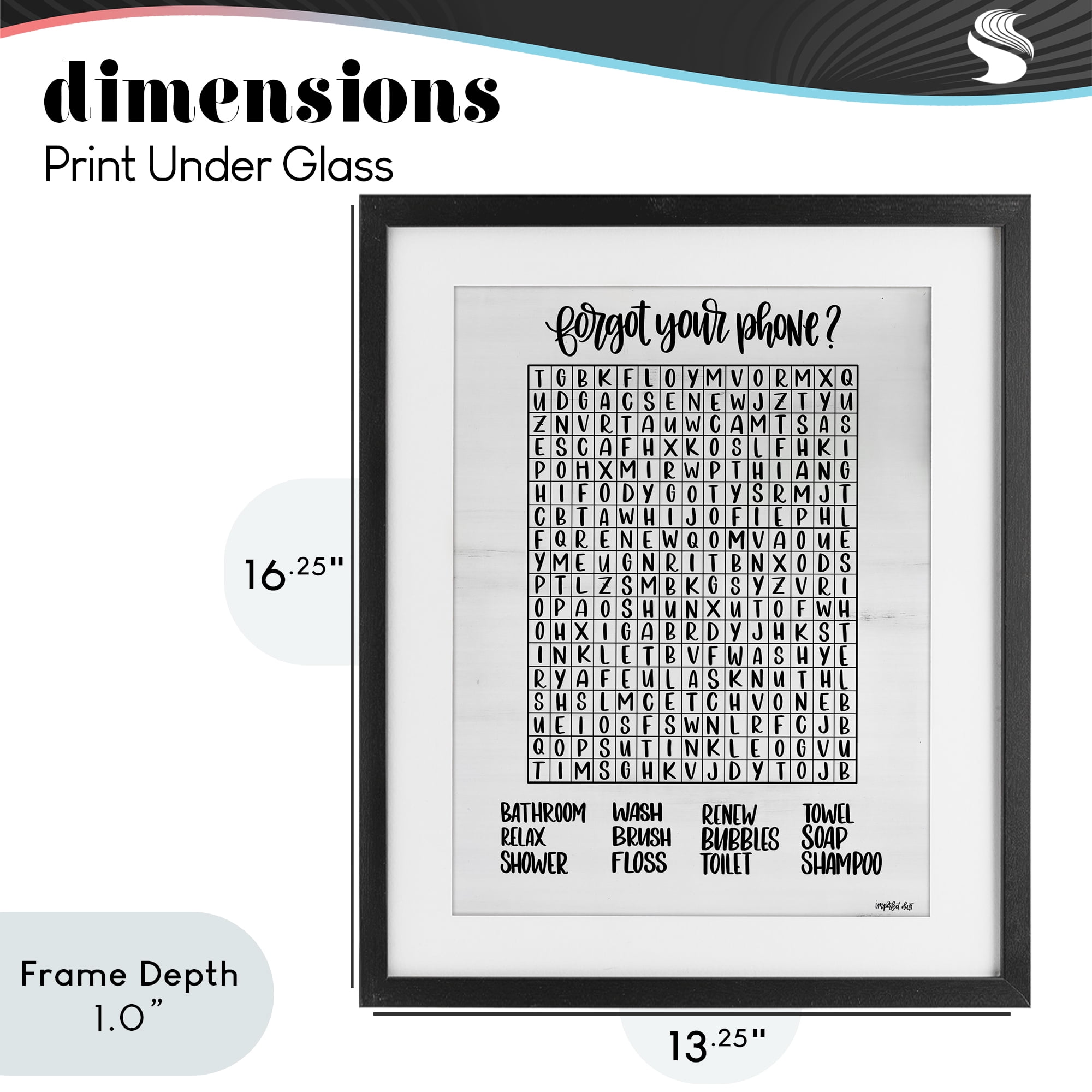 Stupell Industries Forgot Phone Bathroom Wordsearch Black Framed Print Under Glass, design by Imperfect Dust