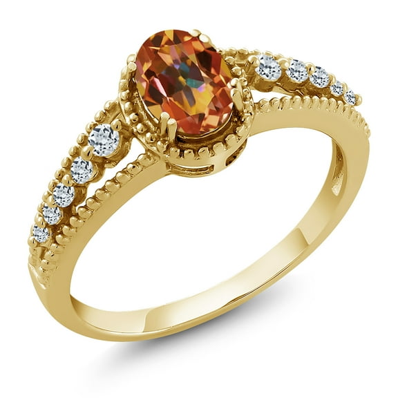 Gem Stone King 18K Yellow Gold Plated Silver Oval Ecstasy Mystic Topaz and White Topaz Ring for Women (1.21 Cttw, Size 6)