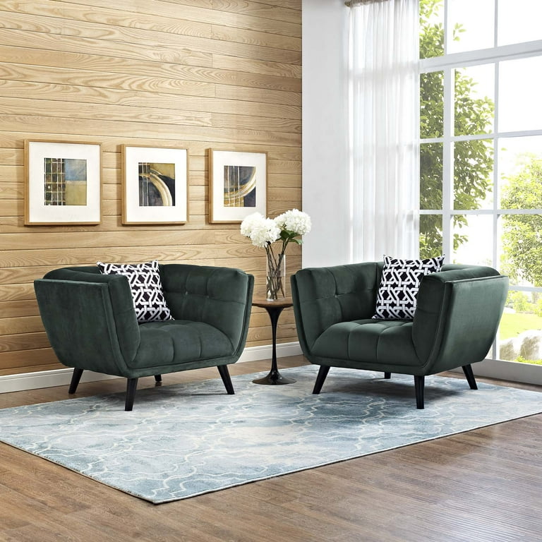 Modern Contemporary Urban Design Living Room Lounge Club Lobby Armchair Accent Chair Set of Two Velvet Fabric Green