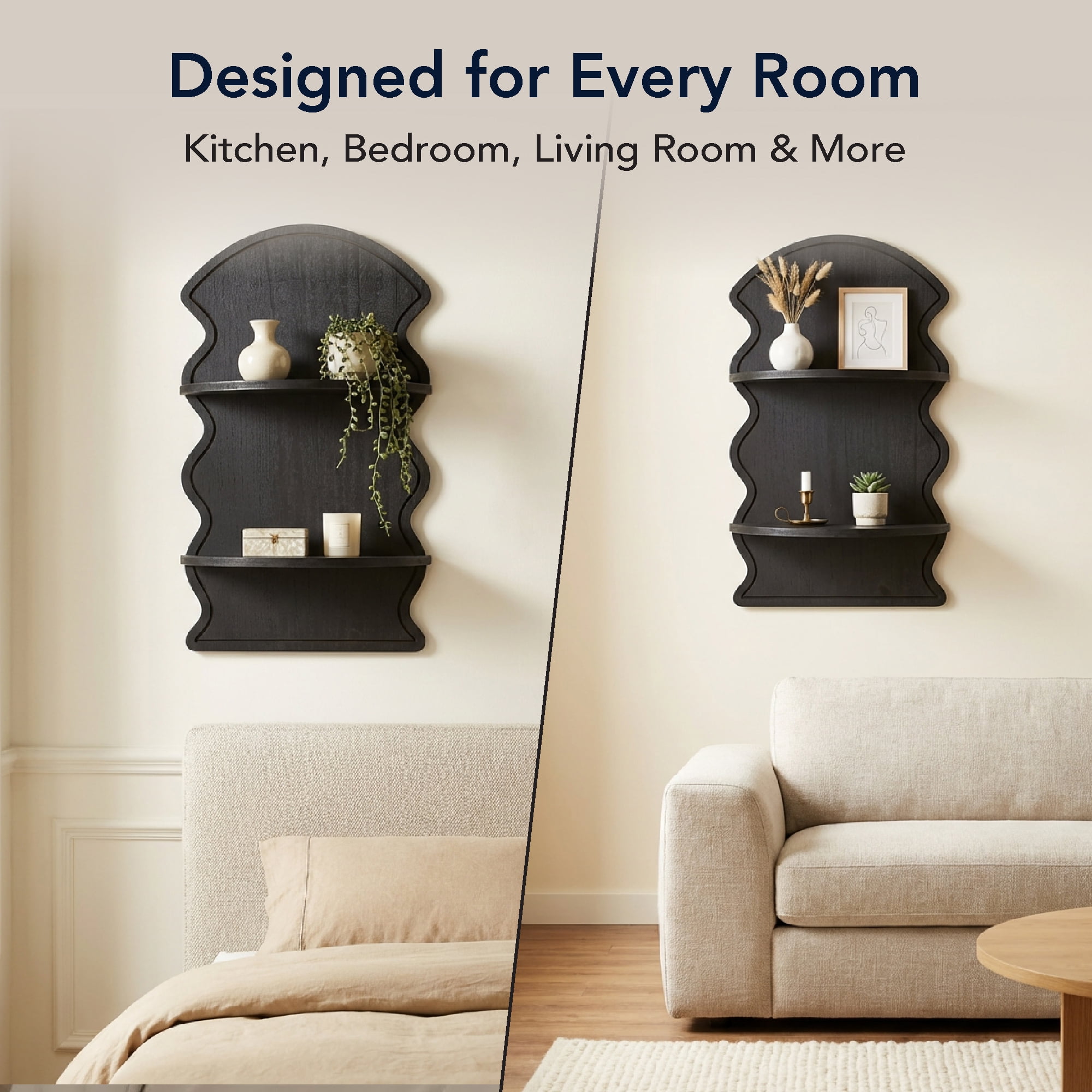 American Art Decor Black Wavy Arched Lunar Ledges Wall Shelf, Wooden 2-Tier Floating Bookshelf for Wall, Carved Fluted Arch Display Shelf for Bedroom Bathroom Kitchen Living Room Decor, 14" x 24"