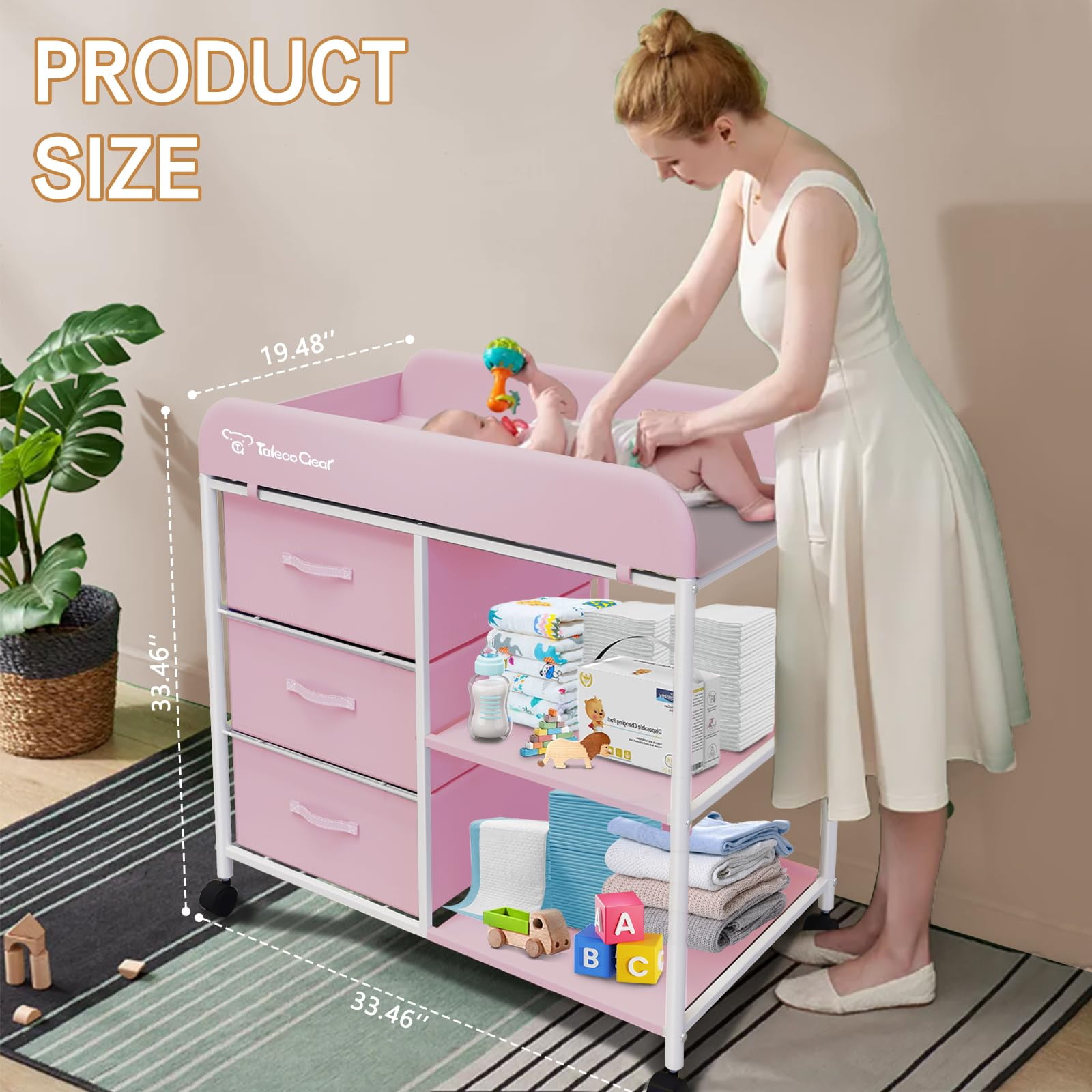 G TALECO GEAR Baby Changing Table, Portable Diaper Changing Station with Wheels, Nursery Organizer for Newborn and Infant, Pink