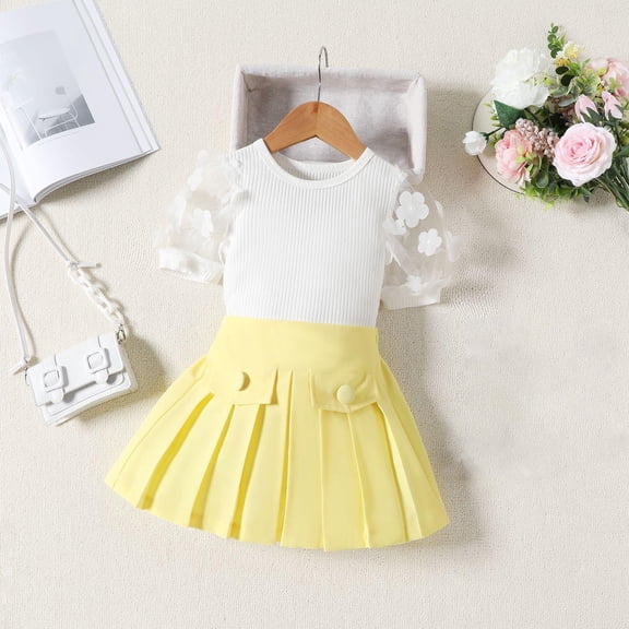 ATOGUTA Outfits for Toddler Girls Short Sleeve Flower Mesh Tops Pleated Skirt Set 2Pcs Yellow, Sizes 18M-5T