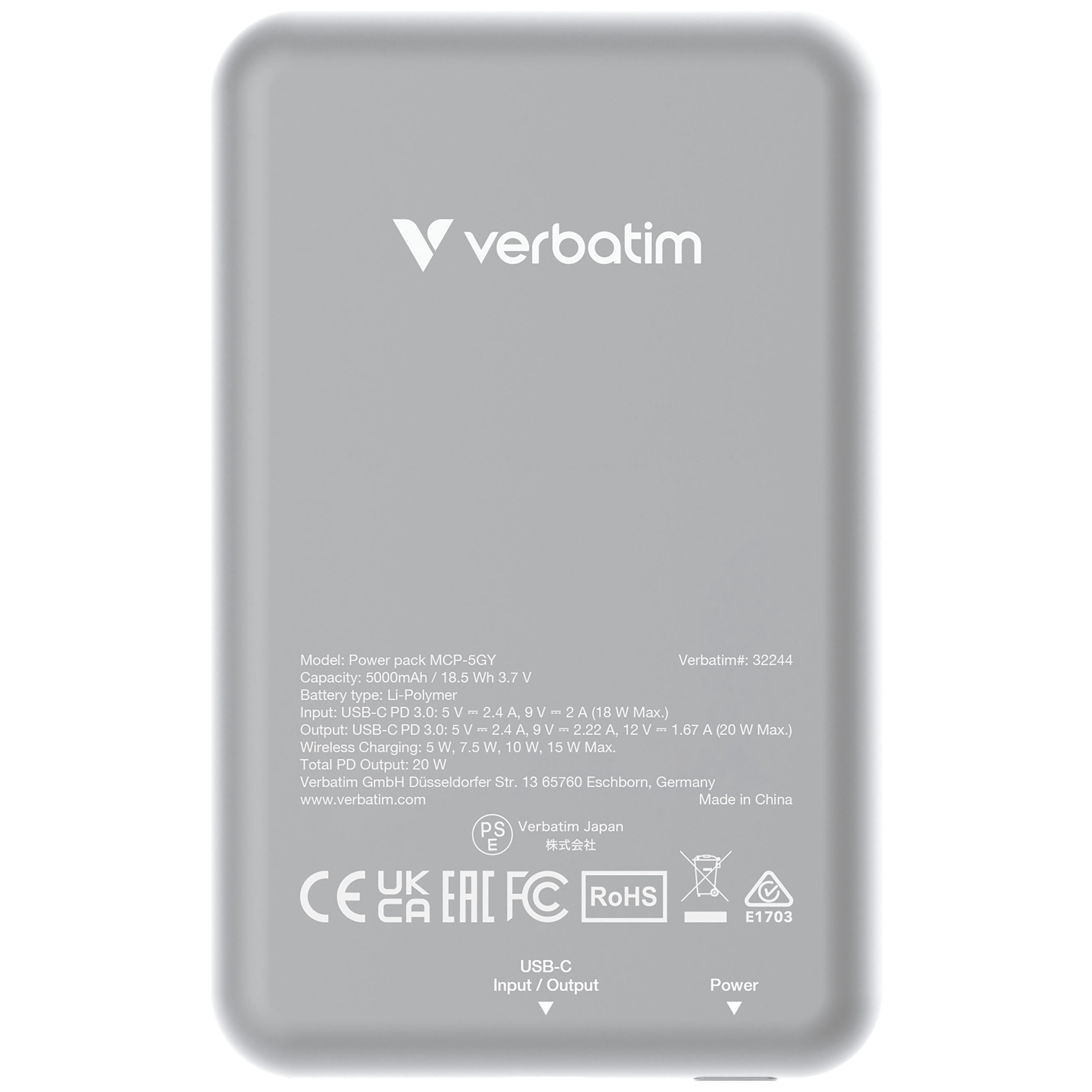 Verbatim Charge 'n' Go Magnetic Wireless Power Bank 5000 mAh - Gray
