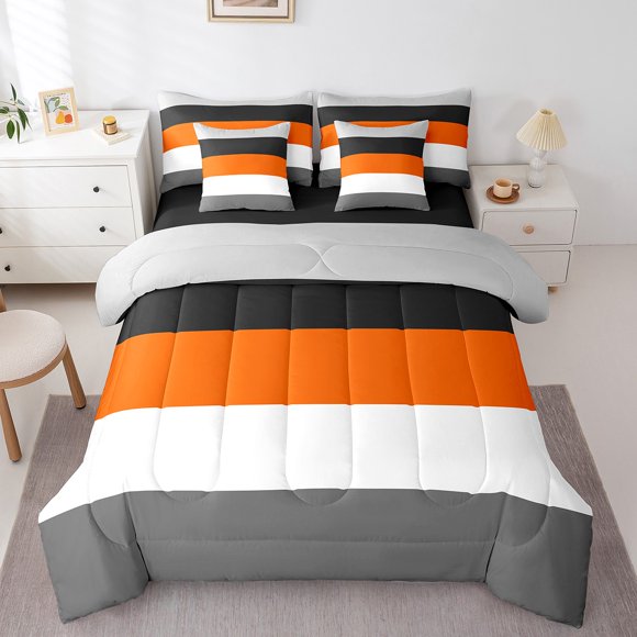 YST , Ensemble de Literie Orange Gris Noir, Rayures Géométriques Patchwork, 7 Pcs, Grand Lit