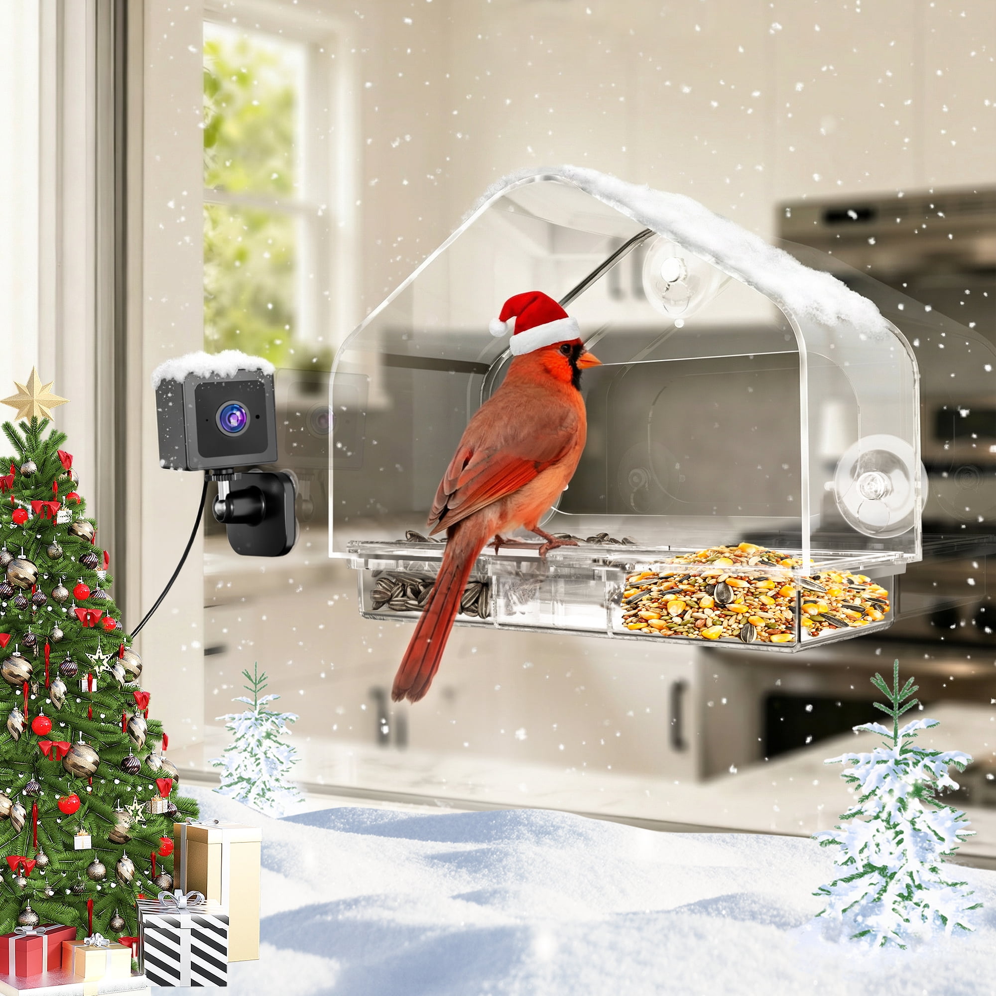 Coolfly x Freeseason Smart Window Bird Feeder with 2K HD Camera, Suction Cup Mount for Apartments, Anti-Glare Video with AI Species ID & No Monthly Fees - Charming House Shape