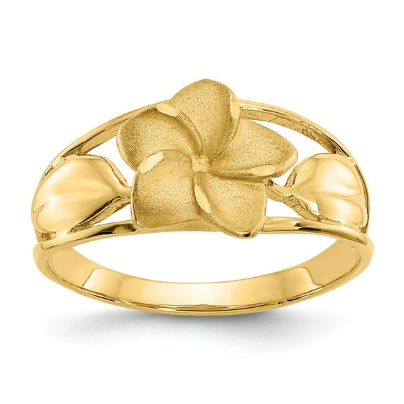 14K Yellow Gold Ring Band Themed Satin & Diamond-Cut Plumeria, Size 7