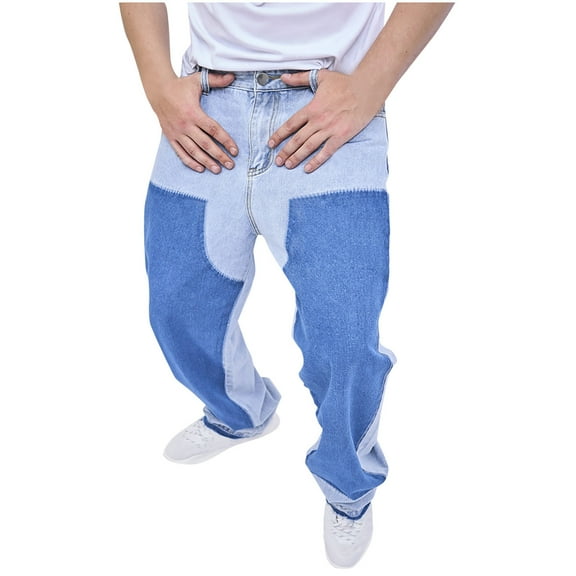 ohmzyzo Men's Baggy Jeans Casual Straight Wide Leg Denim Pants Regular Fit Hip Hop Trousers Loose Fit Color Block Slacks Pants Blue L