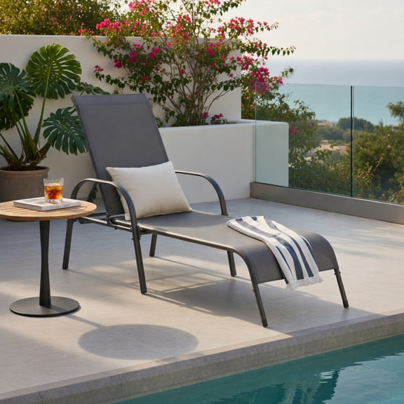 Hommoo Adjustable Folding Patio Chaise Lounge Chair, 5-Position Reclining Backrest, Weather-Resistant Fabric & Powder-Coated Steel Frame, Dark Gray