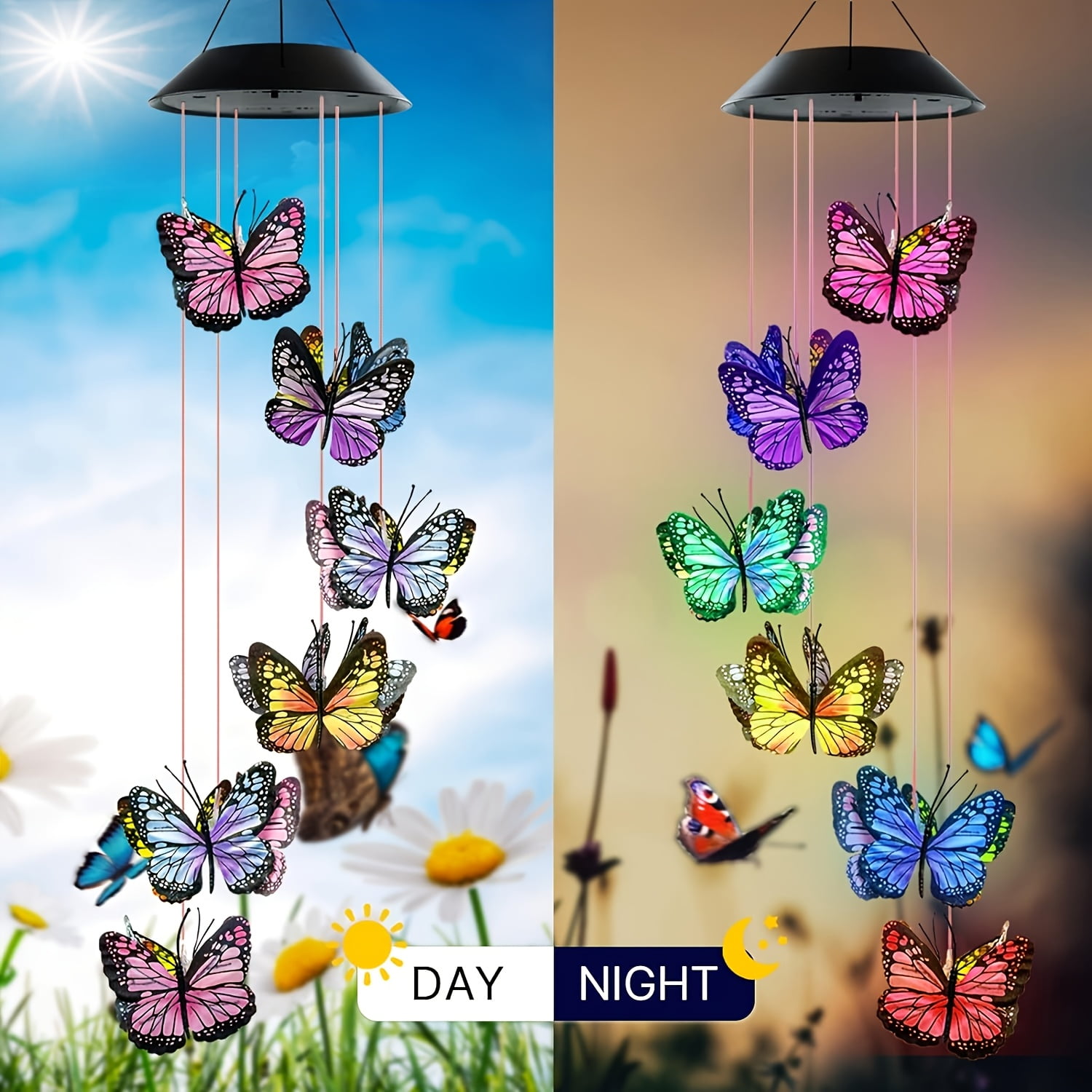 Solar Butterfly Wind Chime, Outdoor Color-Changing Solar Wind Chime, Solar LED light with 12 colorful butterflies，Outdoor Decoration. Christmas Decoration for Yard, Garden Patio Porch Decoration