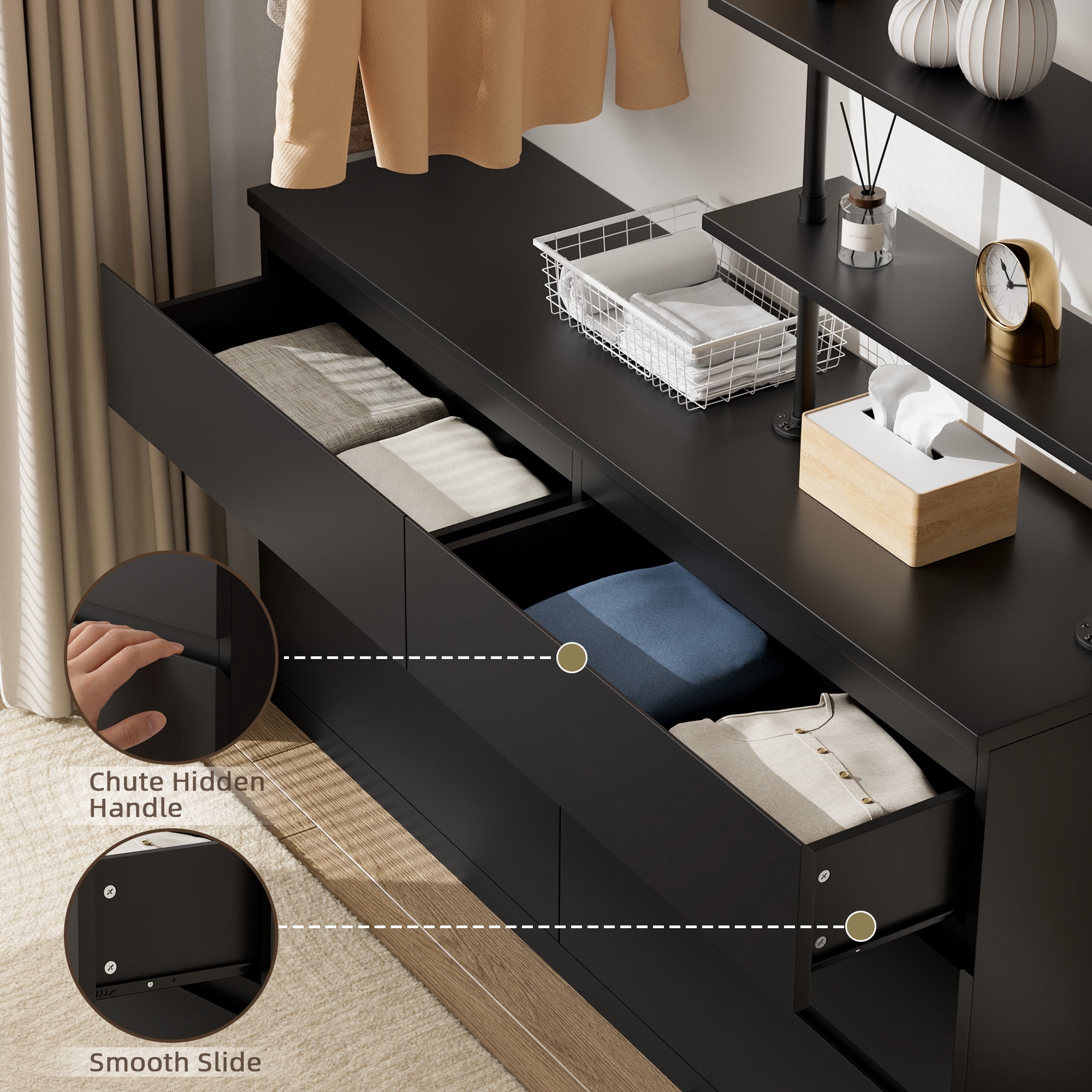 Aufeile Dresser for Bedroom, 77" Tall Dresser with 6 Drawer Chest of Drawers &Hanging Rack, Industrial Wood Dressers for Bedroom Adults, Large Closet Organizer Dresser, Black