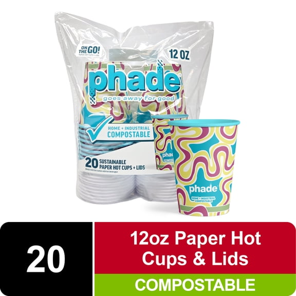 Phade Marine Biodegradable and Compostable Paper Hot Cups with Lids, 12 oz, Paint, 20 Count