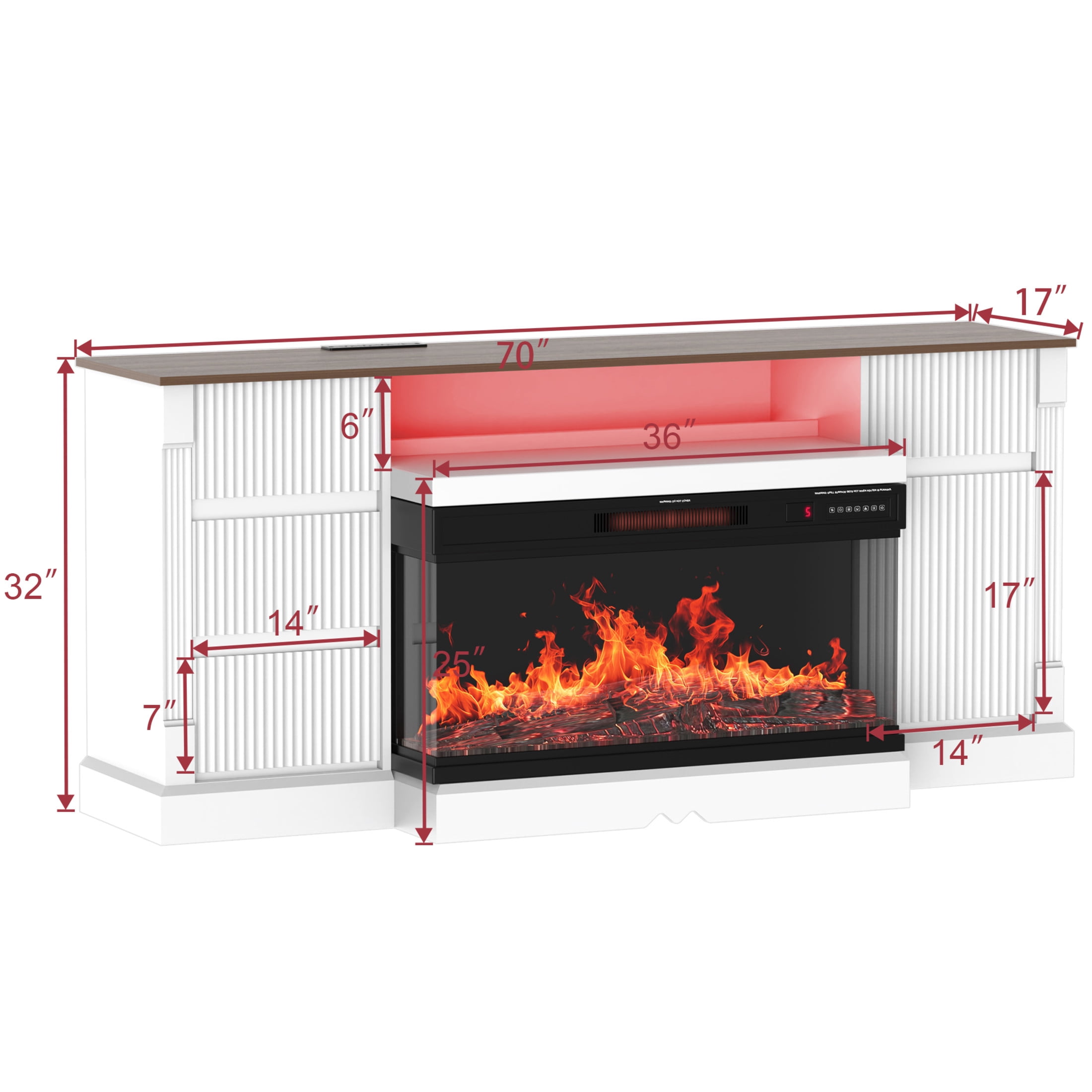 Noble House Modern 70" Glass TV Stand with 3-Sided Electric Fireplace, LED Lights and Storage, TVs up to 80", White