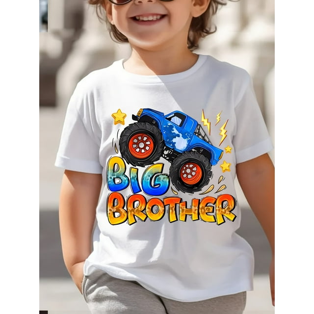 T-Shirts Garçons Grand Frère Camion Imprimé T-Shirt, Manches Courtes Décontractées, Polyester, Col Rond, Tissu Extensible, Lettrage, Printemps/été/automne, Coupe Régulière, Haut pour Enfants, Construction Tricotée