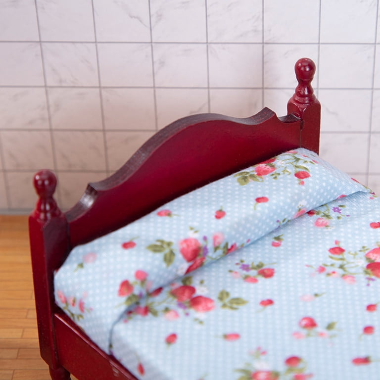 Small Foot Doll's Bed With Bedding - Natural Birch Wood, 1:12 Scale, Bird Theme (42x23x26 Cm)