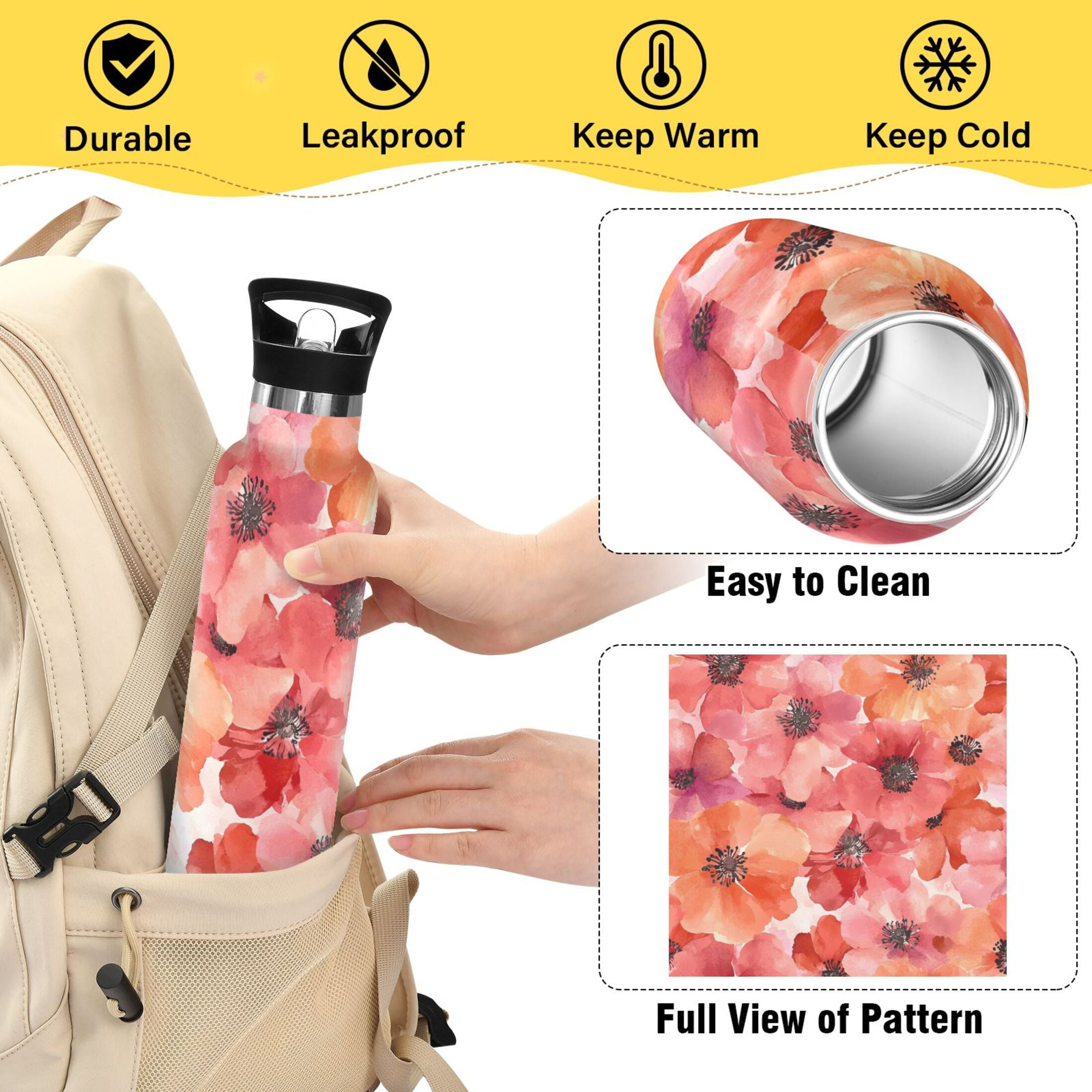 600ML Stainless Steel Insulated Cup Sports Water Bottle Portable Thermos Cup Water Glasses Insulated Tumblers Convenient and Durable Beautiful Red Flower