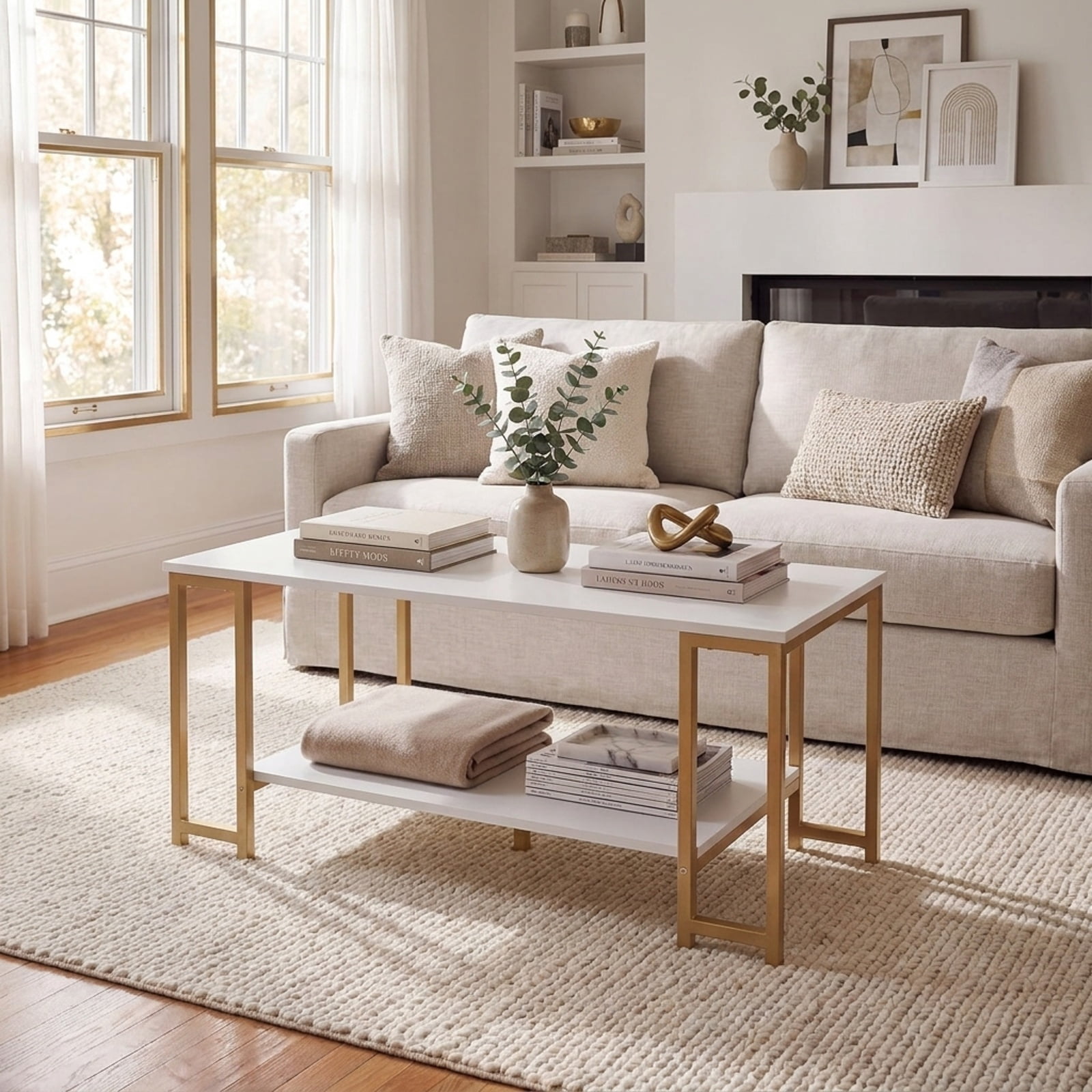 Furnibear Modern 2 Tier Accent Coffee Table with Open Storage Shelf and Metal Frame for Living Room Apartment and Lounge, White