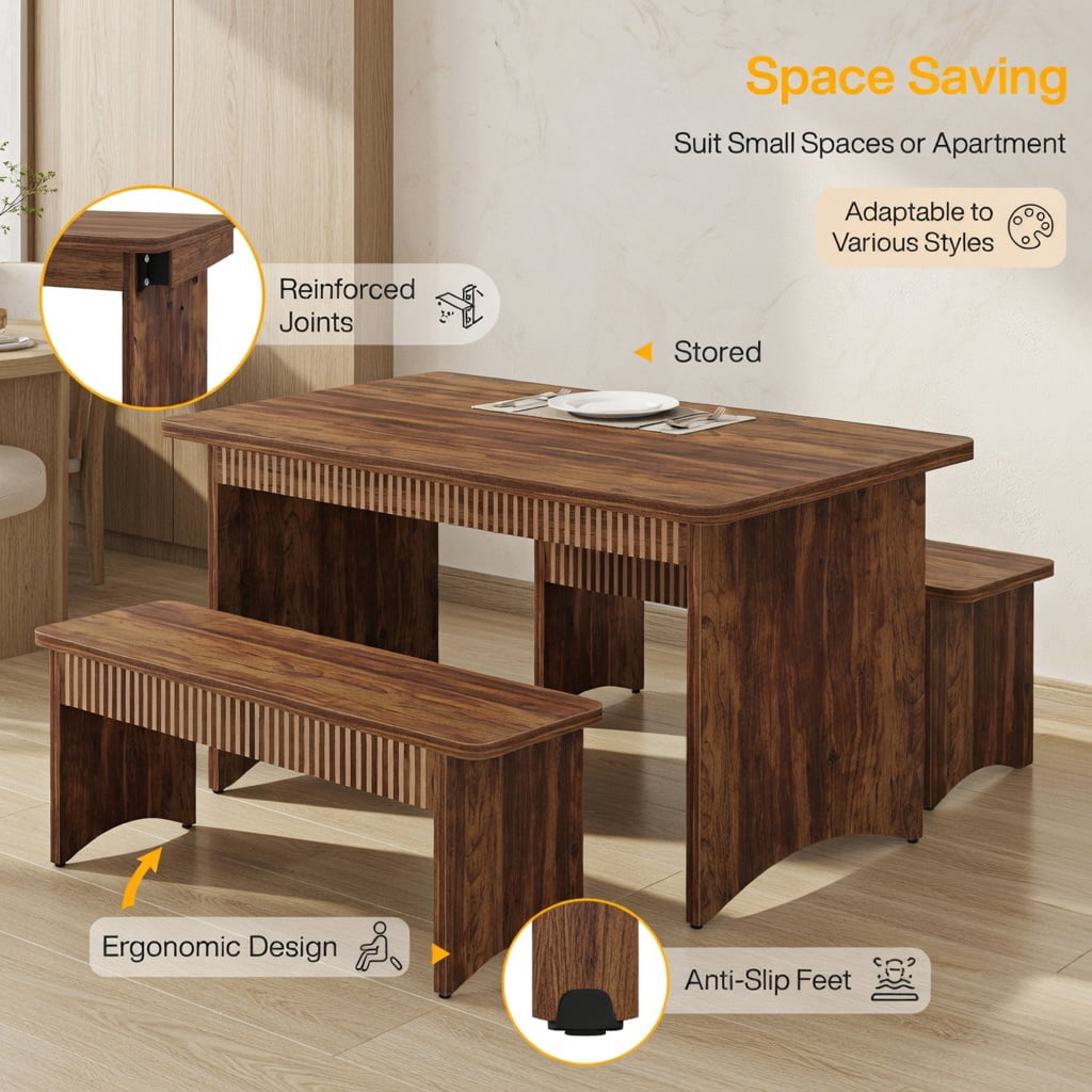 Hommoo 55 Inch Farmhouse Dining Table Set with 2 Wooden Benches, Space-Saving 3-Piece Kitchen Table for 4 to 6 People, Brown